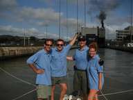 Me (on the left) and friends taking Scirocco through the Panama Canal